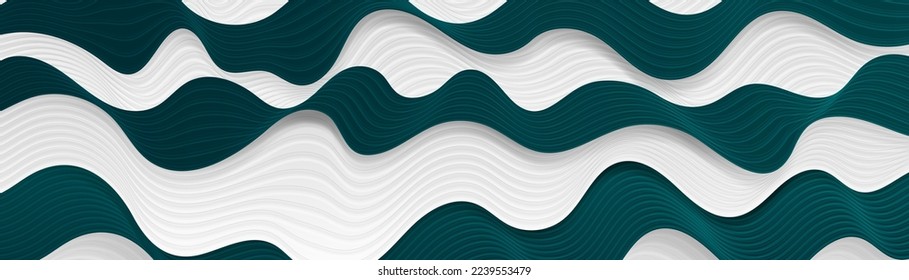 Abstract white and green wavy background. Modern wave texture. Elegant pattern. Suit for cover, wallpaper, desktop, header, banner, presentation, poster, website. Vector illustration