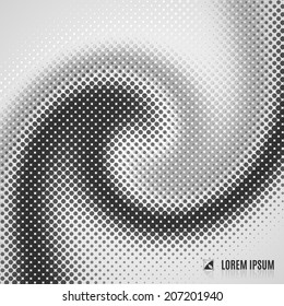 abstract white, grey and black  blurred curve decorative background with halftone, geometric element, spiral, stream, swirl, dots and vortex