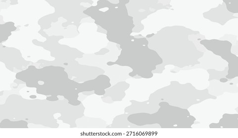 An abstract white and grey camouflage pattern features irregular, organic shapes and mottled blotches, creating a subtle and modern design suitable for military applications, urban concealment,