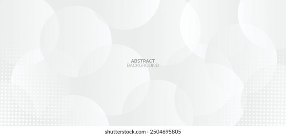 Abstract white and grey gradient circle background with halftone dots decoration. Modern simple transparent circle shape texture elements. Elegant geometric shape graphic design. Vector illustration