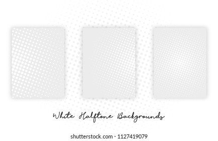 Abstract white grey halftone backgrounds set, vector illustration. Modern clean bright company brochure template, miminalistic design.