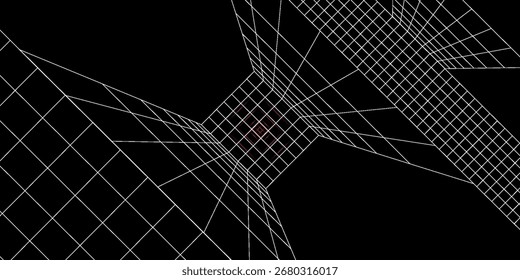 Abstract white grid on black with glowing red center, creating a futuristic, digital tunnel effect.