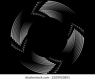 abstract white halftone dots.white halftone dots in vortex form. Geometric art. Trendy design element.Circular and radial lines volute, helix.Segmented circle with rotation