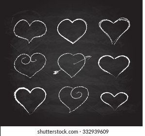 Abstract white heart shapes set. Scribble chalk retro design