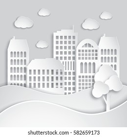 Abstract white houses made of paper. Modern city skyline. Paper art style. Vector Illustration 