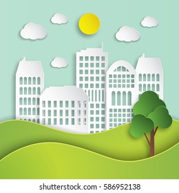 Abstract white houses made of paper. Modern city skyline. Paper art style. Vector Illustration 