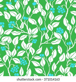 Abstract white leaves and bright blue berries on green backdrop seamless vector pattern. Decorative hand drawn vintage background.
