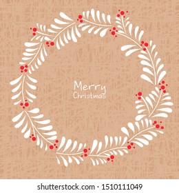 Abstract white leaves and red berries on brown paper vector background for decoration on Christmas holiday events.