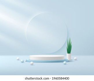 Abstract white and light blue cylinder platform podium. Window lighting. Sphere ball. Plant pot and green leave. blue minimal wall scene. Vector rendering 3d shape for Product display presentation.