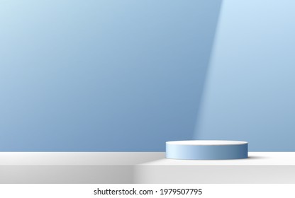 Abstract white and light blue cylinder platform podium. Window lighting. Pastel minimal wall scene. Vector rendering 3d shape for Product display presentation. Geometric pedestal with shadow.