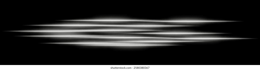 Abstract white light streaks background. Glowing horizontal lines with motion blur effect on a dark backdrop. Futuristic speed, energy flow, laser beams, and technology concept.