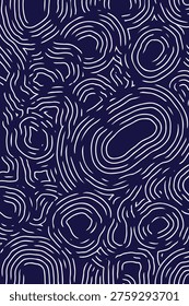 Abstract white line art pattern on dark blue background, topographical map style illustration. Hand drawn organic wavy lines and concentric circles, modern minimalist navy blue texture. Vector seamless-style linear pattern with white contours for wallpaper and fabric print.