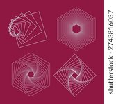 Abstract White Line Geometric Patterns Set with Spiraling Hexagons and Squares on Magenta Background