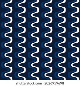 Abstract white line shapes geometric motif waves pattern marine blue continuous wavy stripes background. Modern masculin lux fabric design. Textile swatch ladies dress, man shirt all over print block.