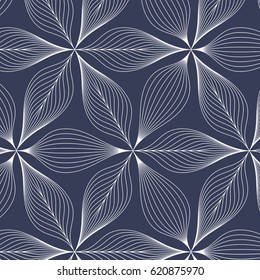 Abstract white linear leaves on dark blue background. Vector pattern.pattern is on swatches panel
