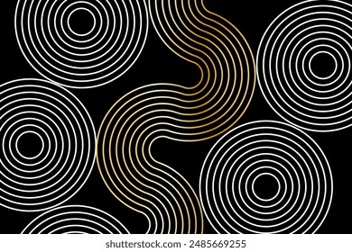 Abstractas líneas blancas, círculos sobre fondo negro, Plantilla de Anuncio de Vector de trayectoria de remolinos lineales.