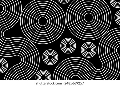 Abstract white lines circles on black background, linear swirls path vector banner template.