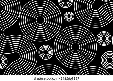 Abstractas líneas blancas, círculos sobre fondo negro, Plantilla de Anuncio de Vector de trayectoria de remolinos lineales.