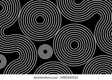 Abstract white lines circles on black background, linear swirls path vector banner template.