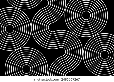 Abstract white lines circles on black background, linear swirls path vector banner template.