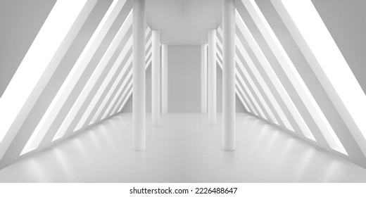 Abstract white mansard interior design. Realistic vector illustration of open space light rooftop room with columns and large windows. Modern art gallery premises. Contemporary architecture style