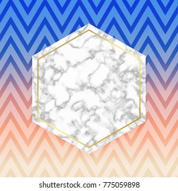 Abstract white marble texture card, Vector gradient blue and pink with gold lines, zig zag pattern background, place your text. Template for your designs, banner, invitation, party, birthday, wedding
