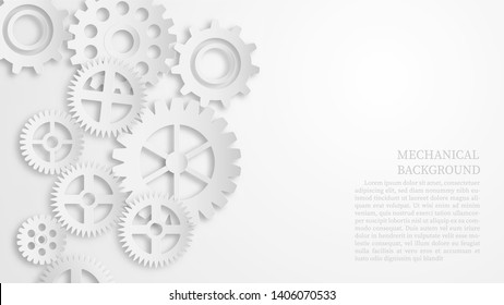 Abstract white mechanical gear background concept. Paper cut style. Depicts business leadership and teamwork. Vector illustration for technology, modern, mechanism industrial and technology template.