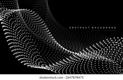 La curva de onda de partículas de malla blanca Abstractas se superpone a la red de tecnología digital sobre fondo negro Ilustración vectorial.
