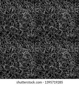 Abstract white messy hatching, freehand doodling seamless pattern on black