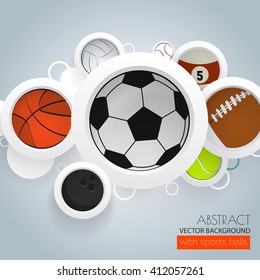 Abstract white minimalistic circles with sports balls on bright soft background, vector illustration
