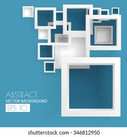 Abstract white minimalistic squares on blue background, vector illustration