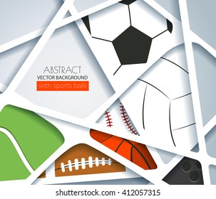 Abstract white minimalistic stripes with sports balls on bright soft background, vector illustration