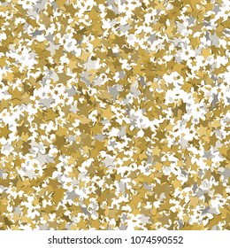 Abstract white modern seamless pattern with 3d gold stars. Vector illustration. Shiny background. Texture of gold foil.