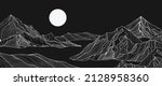 Abstract white mountain on night time background. Minimalist landscape on black wallpaper with hills, sun, moon in hand drawn pattern. Line art design for cover, banner, print, wall art, decoration.