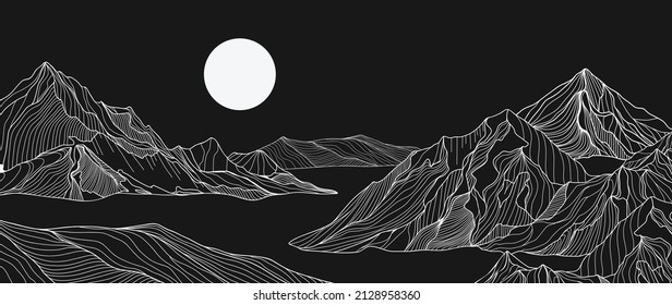Abstract white mountain night time background  Minimalist landscape black wallpaper and hills  sun  moon in hand drawn pattern  Line art design for cover  banner  print  wall art  decoration 
