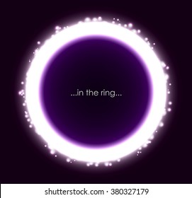 Abstract white neon glow ring with sparks. Vector sparkling round light frame. Vibrant violet energy effect. Plasma circle futuristic design background