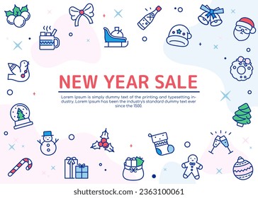 Abstract White New Year Sale Banner Template with Blue and Pink Shapes, Enhanced with Line art Christmas and Winter Illustrations.