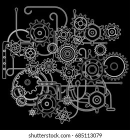 Abstract white outlined mechanical steampunk vector seamless texture pattern isolated on black background 