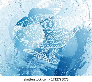 Abstract white owl in the style of doodling on a blue watercolor background.