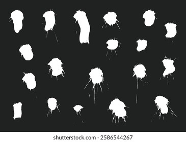 Abstract white paint blot element set. Various splatter shapes design bundle.