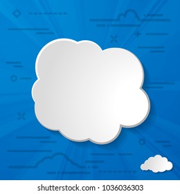 abstract white paper clouds with sun rays on a blue sky background