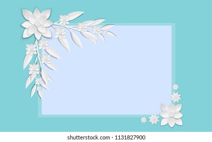 abstract white paper flowers, square frame, floral background, decoration, greeting card template, blank banner