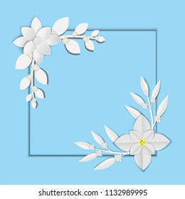 abstract white paper flowers, square frame, floral background, decoration, greeting card template, blank banner