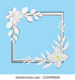 abstract white paper flowers, square frame, floral background, decoration, greeting card template, blank banner