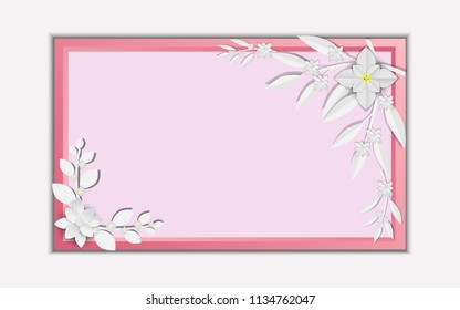 abstract white paper flowers, square frame, floral background, decoration, greeting card template, blank banner