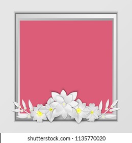 abstract white paper flowers, square frame, floral background, decoration, greeting card template, blank banner