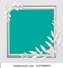 abstract white paper flowers, square frame, floral background, decoration, greeting card template, blank banner
