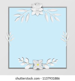 abstract white paper flowers, square frame, floral background, decoration, greeting card template, blank banner