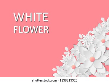 abstract white paper flowers, square frame, floral background, decoration, greeting card template, blank banner