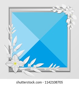 abstract white paper flowers, square frame, floral background, decoration, greeting card template, blank banner